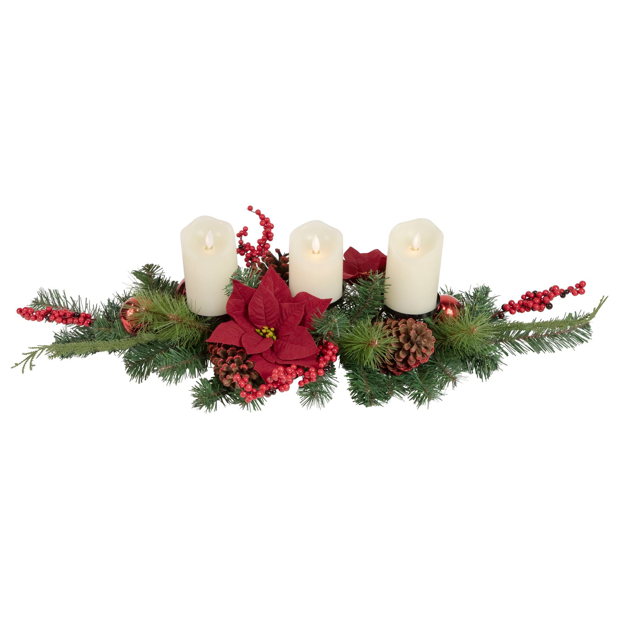 32" Artificial Mixed Pine Berries & Poinsettia Christmas Candle Holder Centerpiece